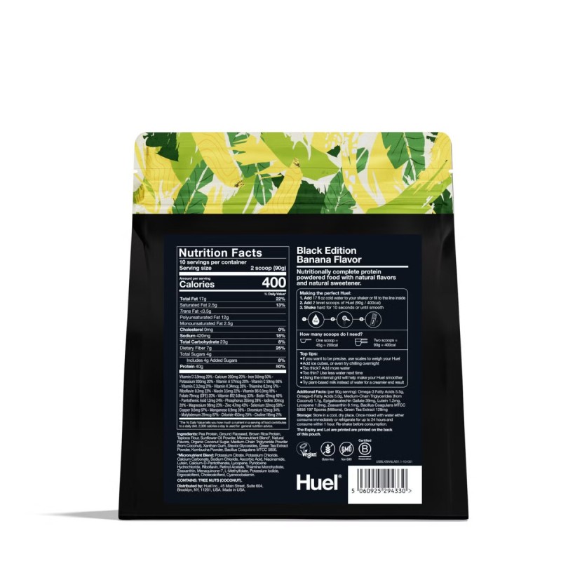 Huel Black Edition, High-protein Meal Powder, Masa Completa Bogata In Proteine 100% Vegana, Cu Aroma Naturala De Banane, 900g