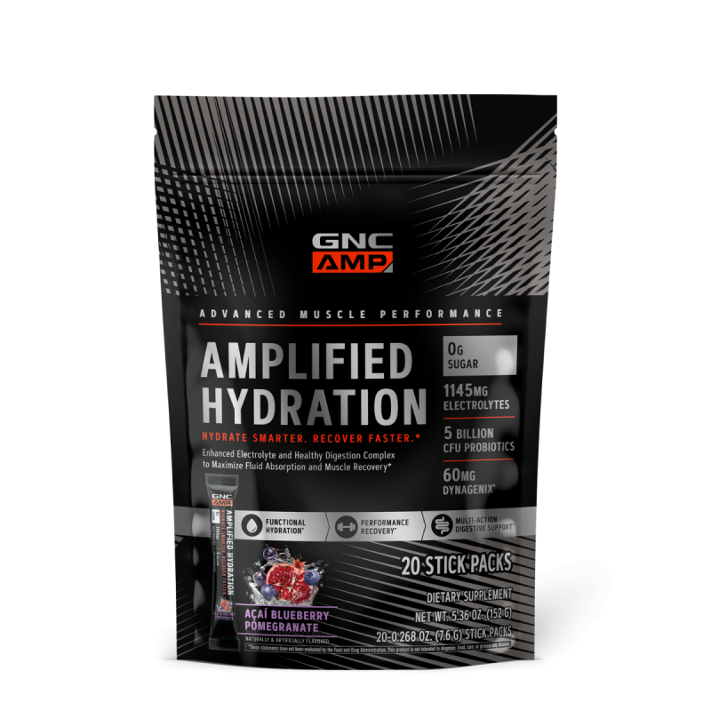 Gnc Amp Amplified Hydration, Electroliti Cu Aroma De Acai, Afine Si Rodie, 20 De Plicuri, 150 G