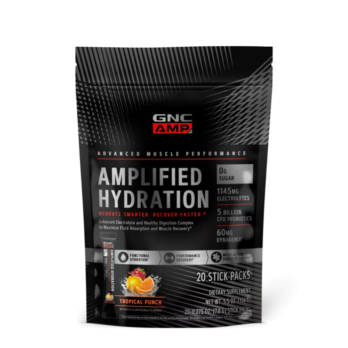 Gnc Amp Amplified Hydration, Electroliti Cu Aroma De Fructe Tropicale, 20 De Plicuri, 152 G Gnc Amp Amplified Hydration, Electroliti Cu Aroma De Fructe Tropicale, 20 De Plicuri, 152 G
