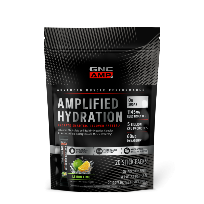 Gnc Amp Amplified Hydration, Electroliti Cu Aroma De Lamaie Si Lime, 20 De Plicuri, 152 G