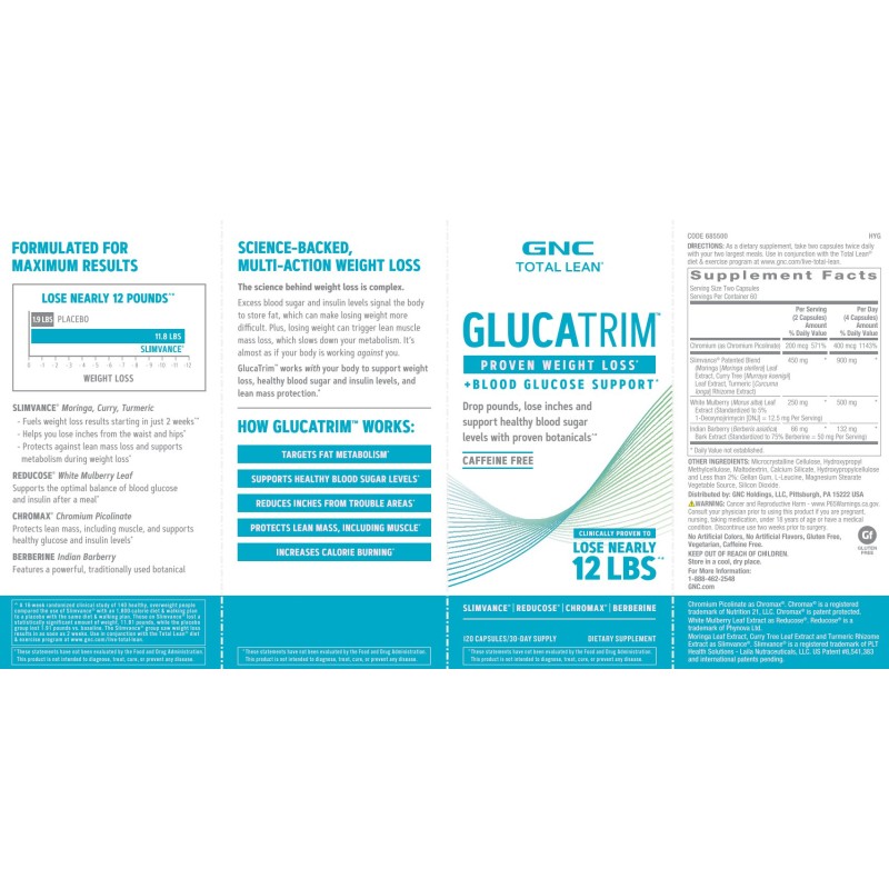 Gnc Total Lean Glucatrim Proven Weight Loss + Blood Glucose Support, Formula Avansata Pentru Slabit, 120 Cps