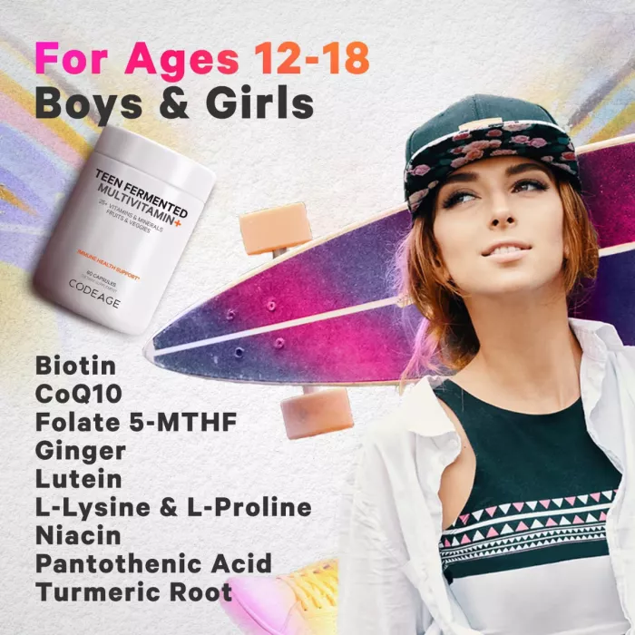Codeage Teen Fermented Vegan Multivitamin, Multivitamine Vegane Fermentate Pentru Adolescenti, 60 Cps