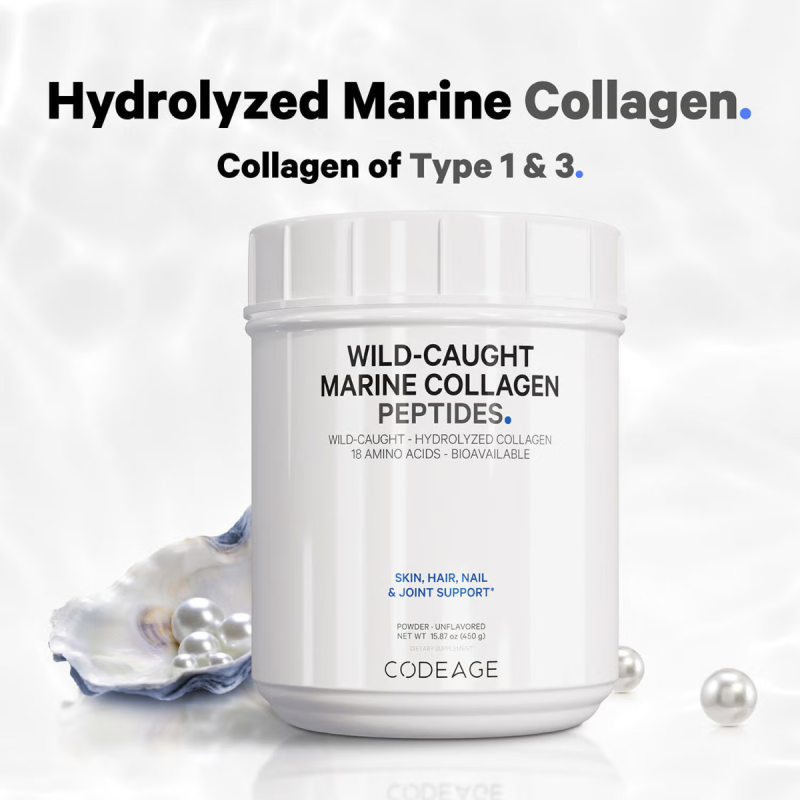 Codeage Wild-caught Marine Hydrolyzed Collagen Peptides Powder Type I And Iii, Colagen Marin Din Pesti Salbatici Tip I Si Iii, 450 G