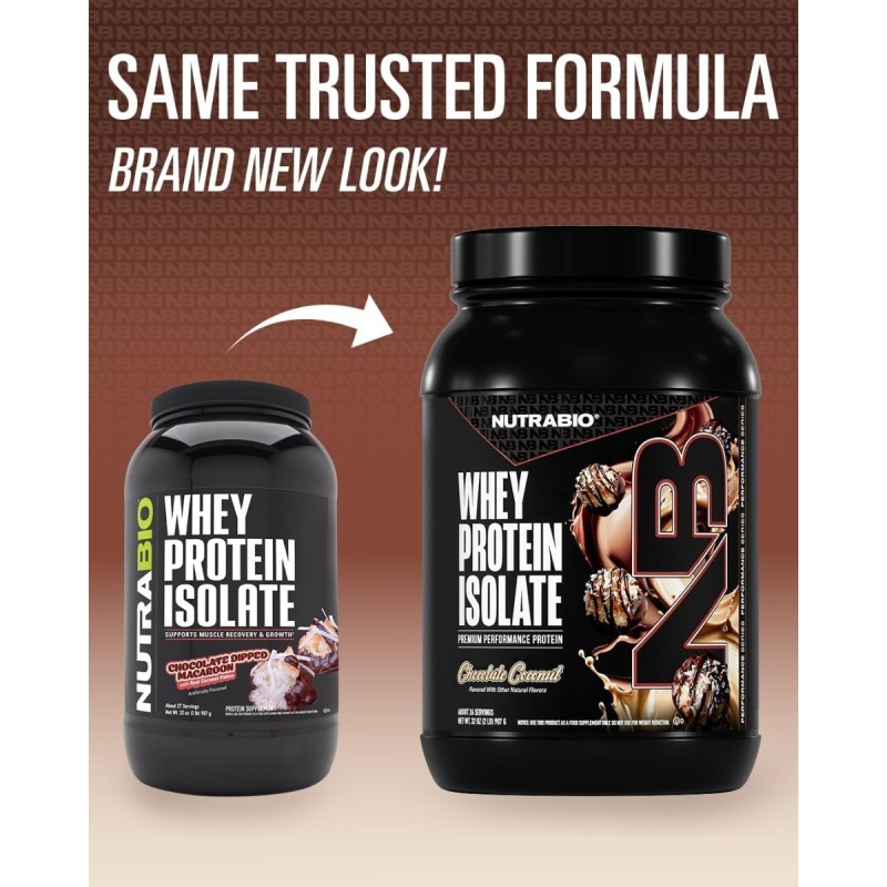 Nutrabio Whey Protein Isolate Chocolate Dipped Macaroon With Real Coconut Flakes, Izolat De Proteina Din Zer Cu Aroma De Macarons In Ciocolata Si Fulgi De Cocos, 907 G