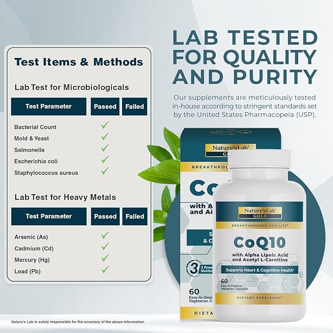 Nature's Lab Coq10 + Alpha Lipoic Acid + Acetyl L-carnitine Hcl, Formula Complexa Pentru Sustinerea Sanatatii Cardiovasculare, Functiei Cognitive Si Productiei Naturale De Energie, 60 Cps