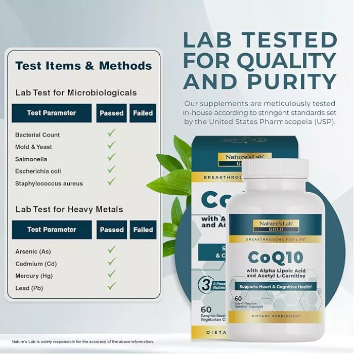 Nature's Lab Coq10 + Alpha Lipoic Acid + Acetyl L-carnitine Hcl, Formula Complexa Pentru Sustinerea Sanatatii Cardiovasculare, Functiei Cognitive Si Productiei Naturale De Energie, 60 Cps
