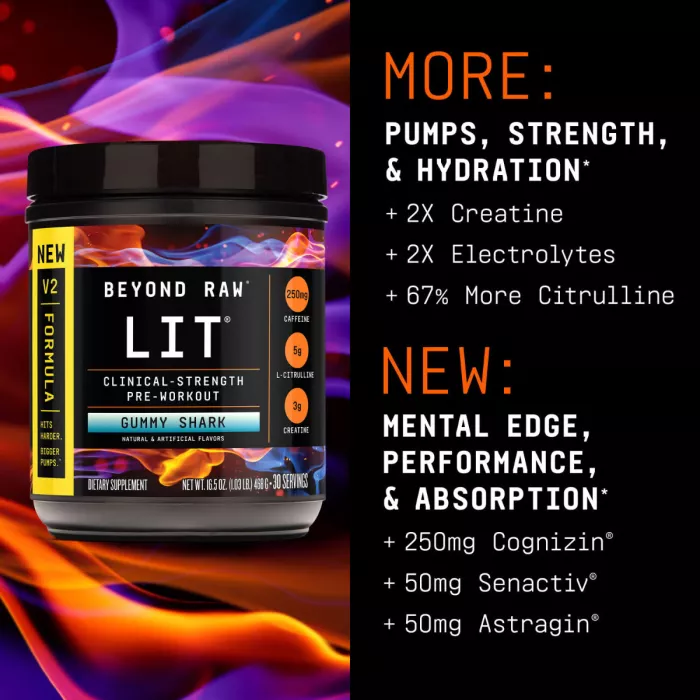 Beyond Raw Lit V2 Pre-workout With Gummy Shark Flavor, Pre-workout Cu Aroma De Gummy Shark, 468 G
