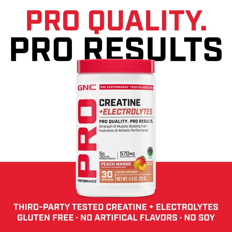 Gnc Pro Performance  Creatine Monohydrate + Electrolytes, Creatina Monohidrata Cu Electroliti Pentru Sustinerea Fortei, Performantei Si Hidratarii, Cu Aroma De Mango Si Piersica, 321 G