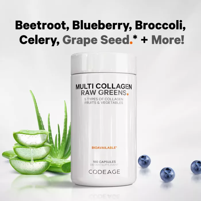 Codeage Hydrolyzed Multi Collagen Peptides Raw Greens With 21 Fruits & Veggies, Peptide De Colagen Hidrolizat Si 21 Superalimente Organice, 180 Cps