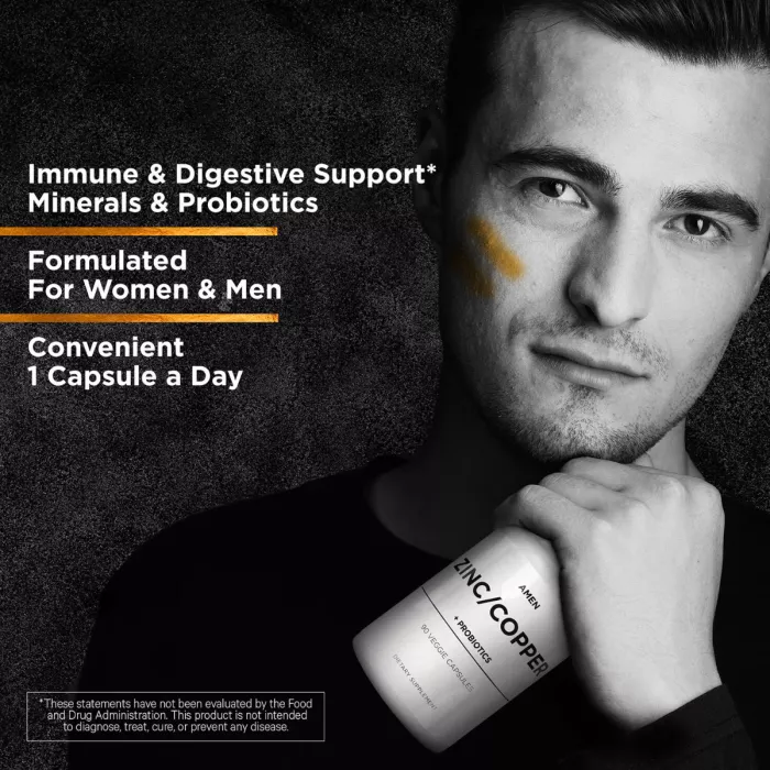 Codeage Amen Zinc/copper + Probiotics 2 Billion Cfu, Formula Pentru Echilibru Mineral Si Digestie Sanatoasa, 90 Cps