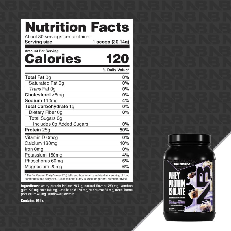 Nutrabio Whey Protein Isolate Blueberry Muffin, Izolat De Proteina Din Zer Cu Aroma De Briose Cu Afine, 907 G