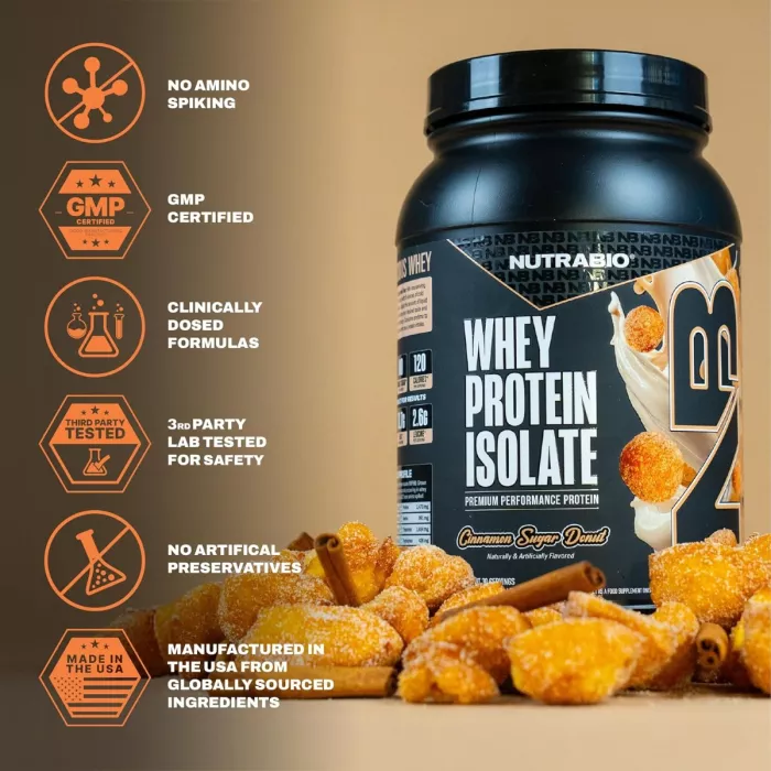 Nutrabio Whey Protein Isolate Cinnamon Sugar Donut, Izolat De Proteina Din Zer Cu Aroma De Gogosi Cu Scortisoara Si Zahar, 907g