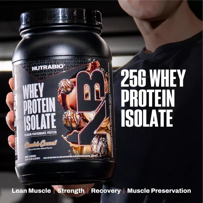 Nutrabio Whey Protein Isolate Chocolate Dipped Macaroon With Real Coconut Flakes, Izolat De Proteina Din Zer Cu Aroma De Macarons In Ciocolata Si Fulgi De Cocos, 907 G