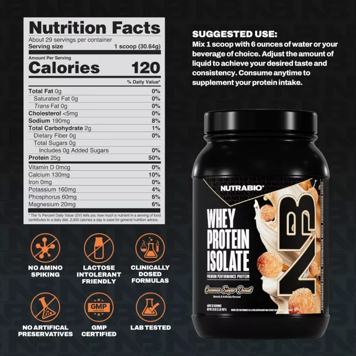 Nutrabio Whey Protein Isolate Cinnamon Sugar Donut, Izolat De Proteina Din Zer Cu Aroma De Gogosi Cu Scortisoara Si Zahar, 907g