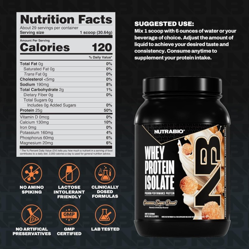 Nutrabio Whey Protein Isolate Cinnamon Sugar Donut, Izolat De Proteina Din Zer Cu Aroma De Gogosi Cu Scortisoara Si Zahar, 907g