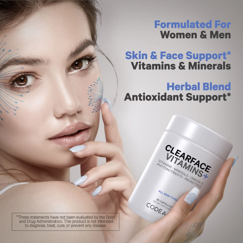 Codeage Clearface Vitamins, Daily Multivitamin, Minerals Herbs, Complex De Multivitamine Si Plante Pentru Piele Si Sanatate Generala Pentru Adolescenti, 90 Cps