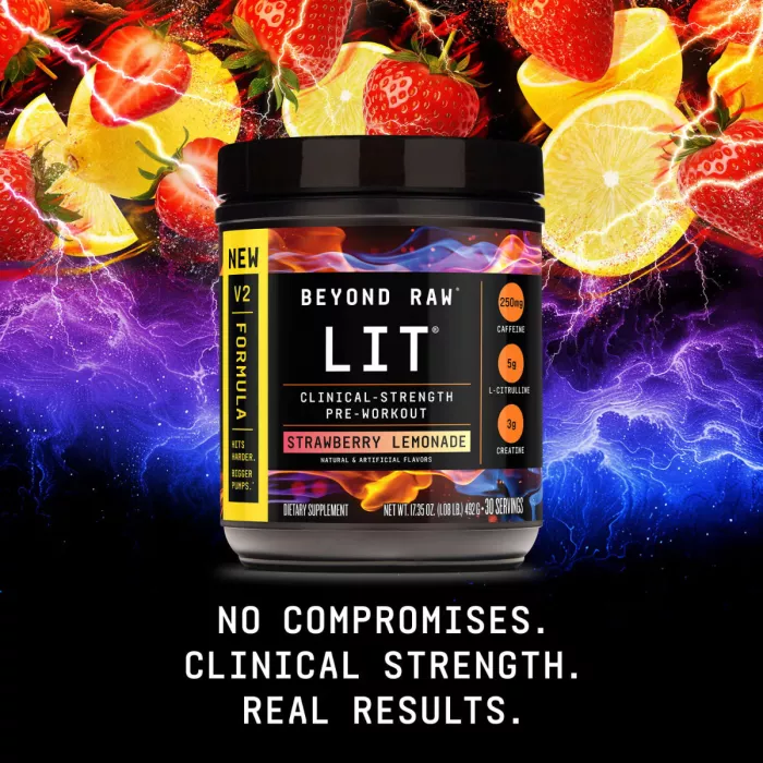 Beyond Raw Lit V2 Pre-workout With Strawberry Lemonade Flavor, Pre-workout Cu Aroma De Limonada De Capsuni, 492 G