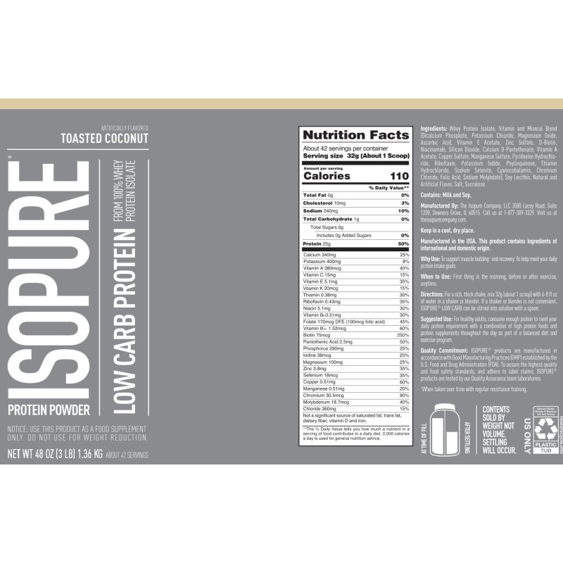 Isopure Low Carb Protein Powder, Proteina Izolata Din Zer, Cu Aroma De Nuca De Cocos Prajita, 1360 G