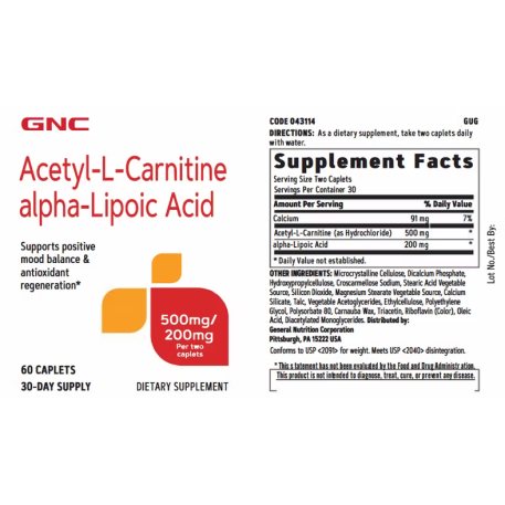 Ala acetil L-carnitina 500 mg si acid alfa lipoic 200 mg (60 tb), GNC Live Well
