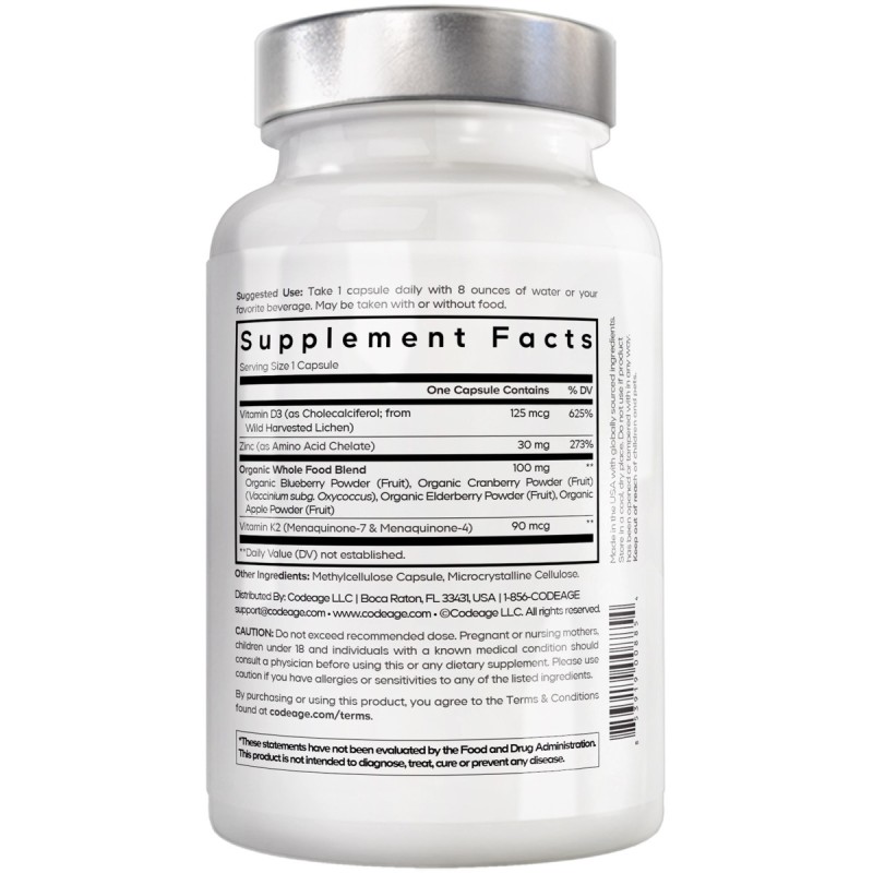 Codeage Amen Vitamin D - K2 & Zinc - Vitamin D3, Formula Pentru Imunitate, Oase Puternice Si Protectie Cardiovasculara, 60 Cps