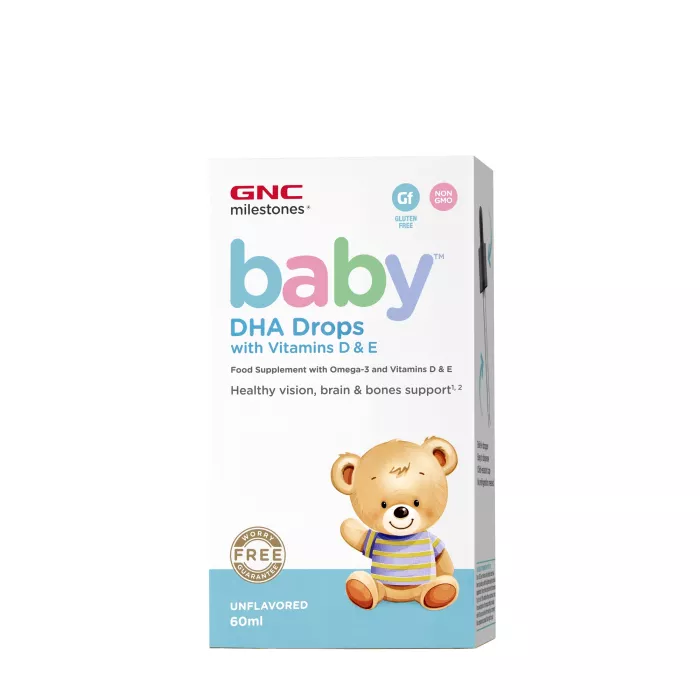 Milestones Baby Dha Drops, Picaturi Cu Dha + Vitamina D Si E Pentru Bebelusi (60 ml), GNC Milestones Baby Dha Drops, Picaturi Cu Dha + Vitamina D Si E Pentru Bebelusi (60 ml), GNC