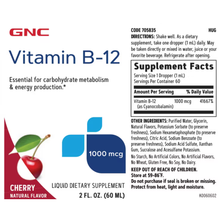 Vitamina B-12 lichida cu aroma naturala de cirese (60 Ml), GNC Live Well