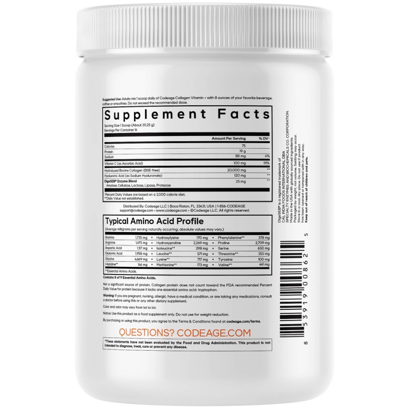 Codeage Collagen Vitamin C+, Colagen Hidrolizat Cu Vitamina C Si Acid Hialuronic, 283 G