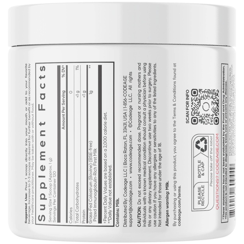 Codeage Bovine Colostrum Powder Unflavored Immunoglobulin Rich, Colostru Bovin Cu Imunoglobuline Pentru Imunitate Si Digestie Fara Aroma, 120g
