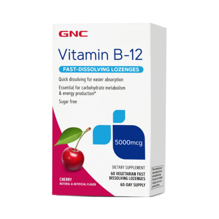 Vitamina B-12 5000 mcg cu dizolvare rapida cu aroma de cirese (60 drajeuri), GNC Live Well