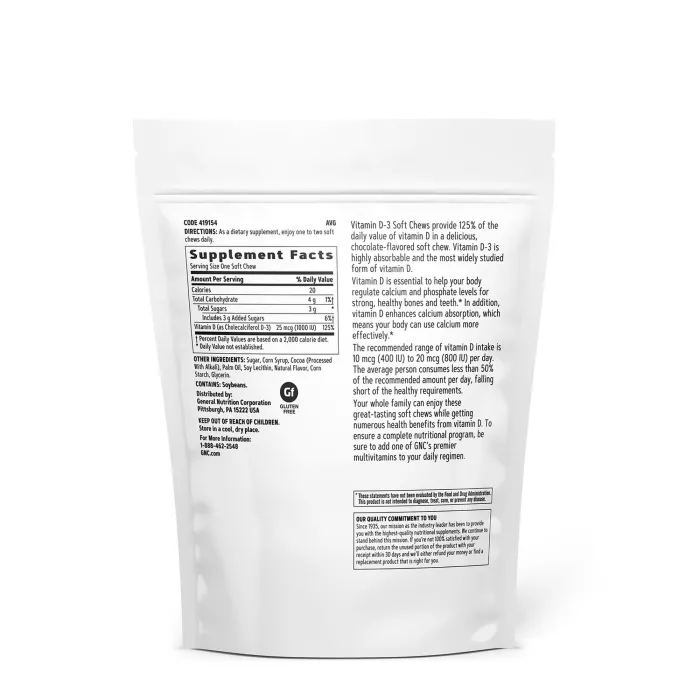 Gnc Vitamin Soft Chews D-3 1000 Iu, Vitamina D-3 1000 Ui Naturala 100% Din Lanolina, Cu Aroma De Ciocolata, 60 Caramele Gnc Vitamin Soft Chews D-3 1000 Iu, Vitamina D-3 1000 Ui Naturala 100% Din Lanolina, Cu Aroma De Ciocolata, 60 Caramele