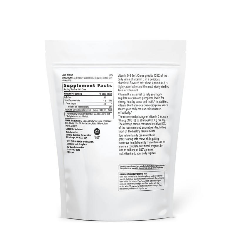 Vitamina D-3 1000 Ui naturala 100% din lanolina cu aroma de ciocolata (60 caramele), GNC Live Well