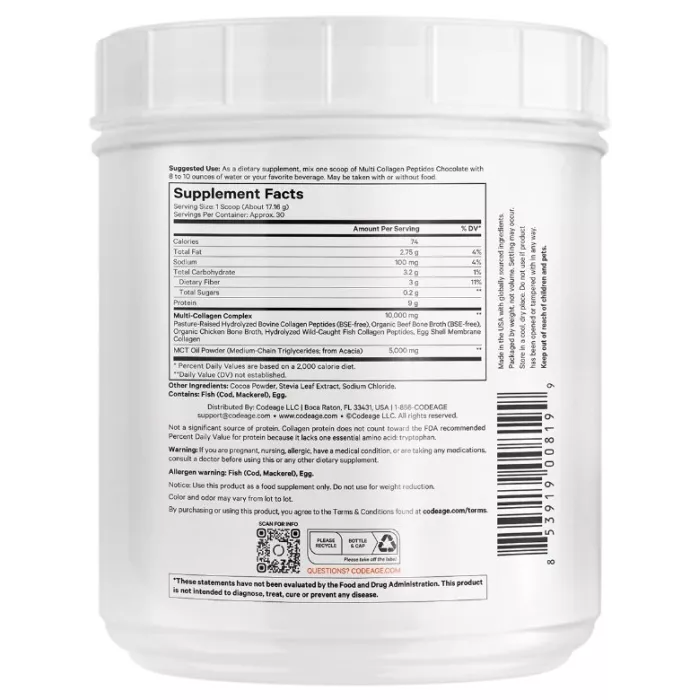 Codeage Hydrolyzed Multi Collagen - 5 Types Collagen Peptides + Mct Oil , Colagen Hidrolizat Din 5 Surse Sub Forma De Peptide + Mct Oil , Cu Aroma De Ciocolata, 515 G