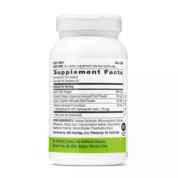 Gnc Superfoods Apple Cider Vinegar, Otet Din Cidru De Mere, Detox, Apetit Si Slabire, 120 Tb