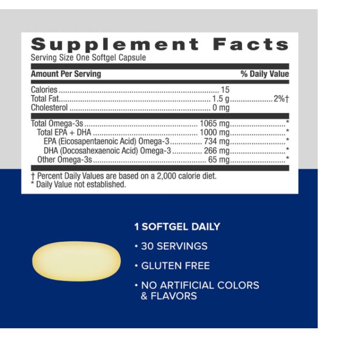 Gnc Triple Strength Fish Oil, Ulei De Peste, 1000 Mg Omega-3 Epa Si Dha, 30 Cps