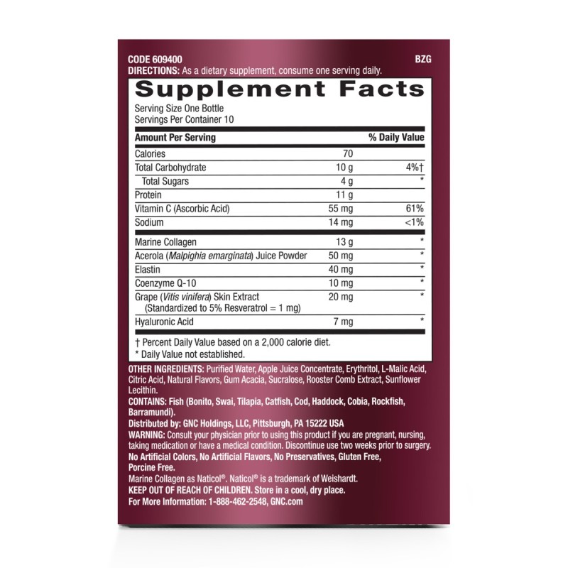 Gnc Premier Collagen Advanced Shot, Formula Premium De Peptide De Colagen Hidrolizat Marin Lichid Cu Aroma De Fructe De Padure, 10 X 50 Ml