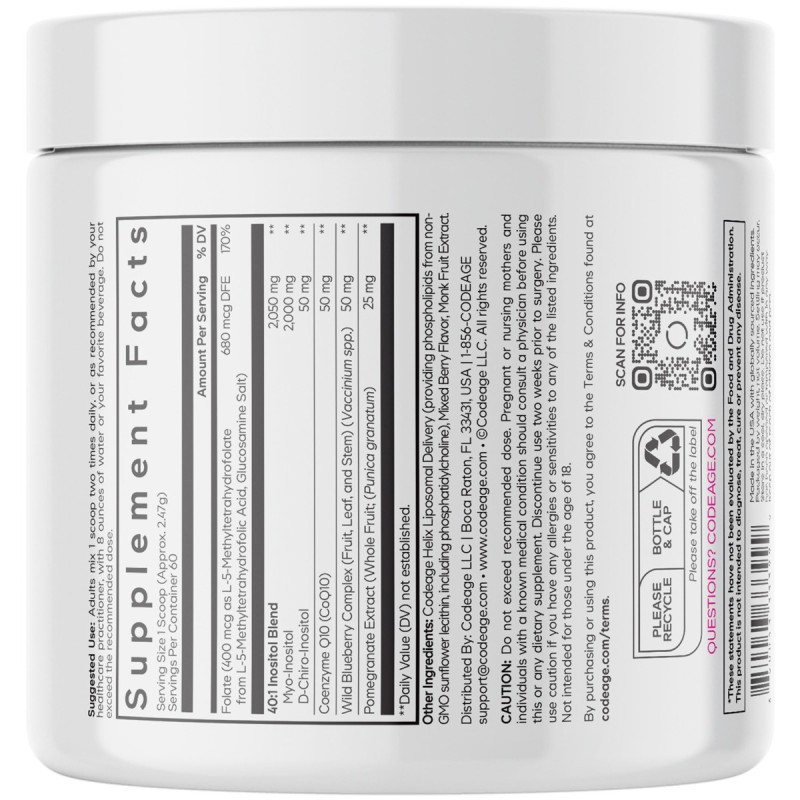 Codeage Liposomal Ovarian Inositol+ - Mixed Berry , Myo-inozitol Ovarian Cu Coenzima Q10 Cu Aroma De Fructe De Padure, 148.2 G