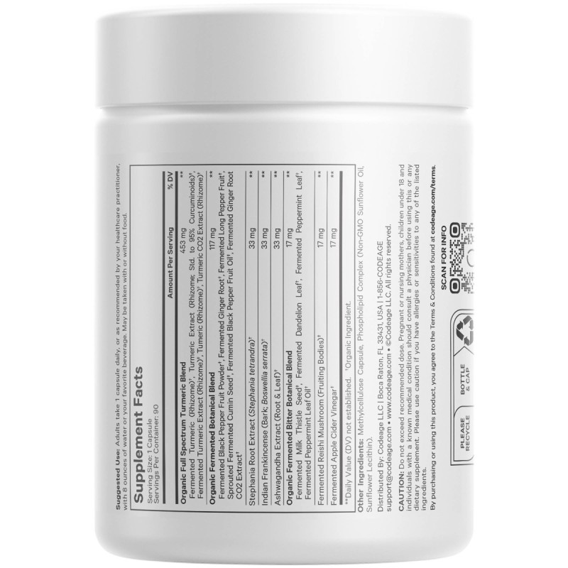Codeage  Turmeric Lipozomal Fermentat + Piper Negru,  Curcumin Si Ghimbir, 90 Cps
