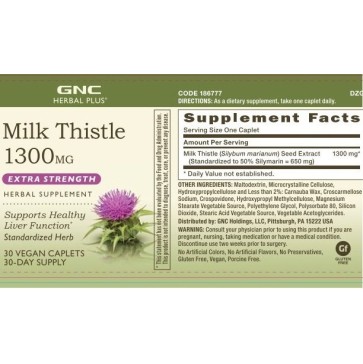Gnc Herbal Plus Milk Thistle 1300 Mg, Extract Standardizat De Silimarina, 30 Tb