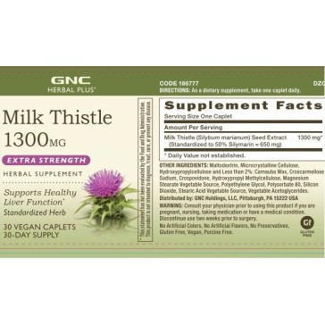 Gnc Herbal Plus Milk Thistle 1300 Mg, Extract Standardizat De Silimarina, 30 Tb