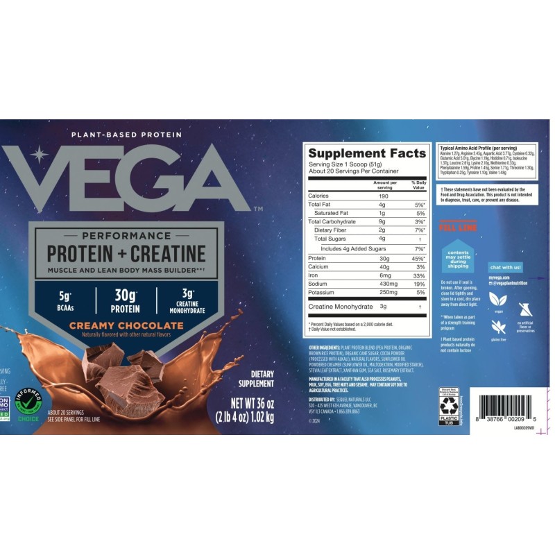 Vega Protein + Creatine Chocolate Flavor, Proteina Vegetala + Creatina Cu Aroma De Ciocolata, 1002 G