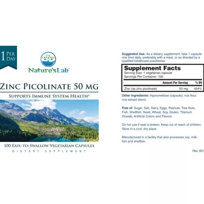 Nature's Lab Zinc Picolinate, Zinc Picolinate 50 Mg, 100 Cps