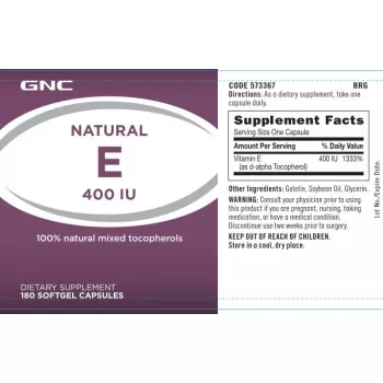 Gnc Natural Vitamin E 400 Ui, Vitamina E Naturala Cu Mix De Tocoferoli, 180 Cps
