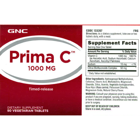 Prima C 1000 Mg, vitamina C liposolubila si hidrosolubila cu bioflavonoide si eliberare prelungita (90 Tb), GNC Live Well