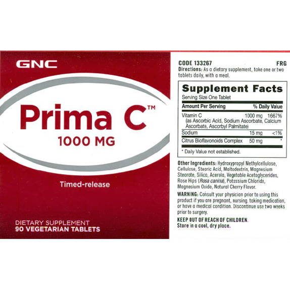 Prima C 1000 Mg, vitamina C liposolubila si hidrosolubila cu bioflavonoide si eliberare prelungita (90 Tb), GNC Live Well