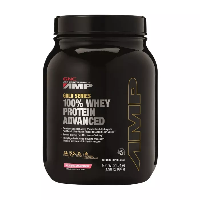 Gnc Amp Gold Series 100% Whey Protein Advanced, Proteina Din Zer, Cu Aroma De Capsuni, 897 G Gnc Amp Gold Series 100% Whey Protein Advanced, Proteina Din Zer, Cu Aroma De Capsuni, 897 G