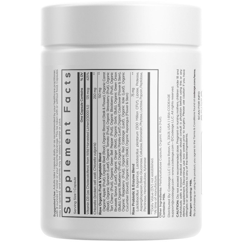 Codeage Raw Vitamin D3, Vitamina D3 (5000 Iu) Naturala Din Saccharomyces Cerevisiae, 60 Cps