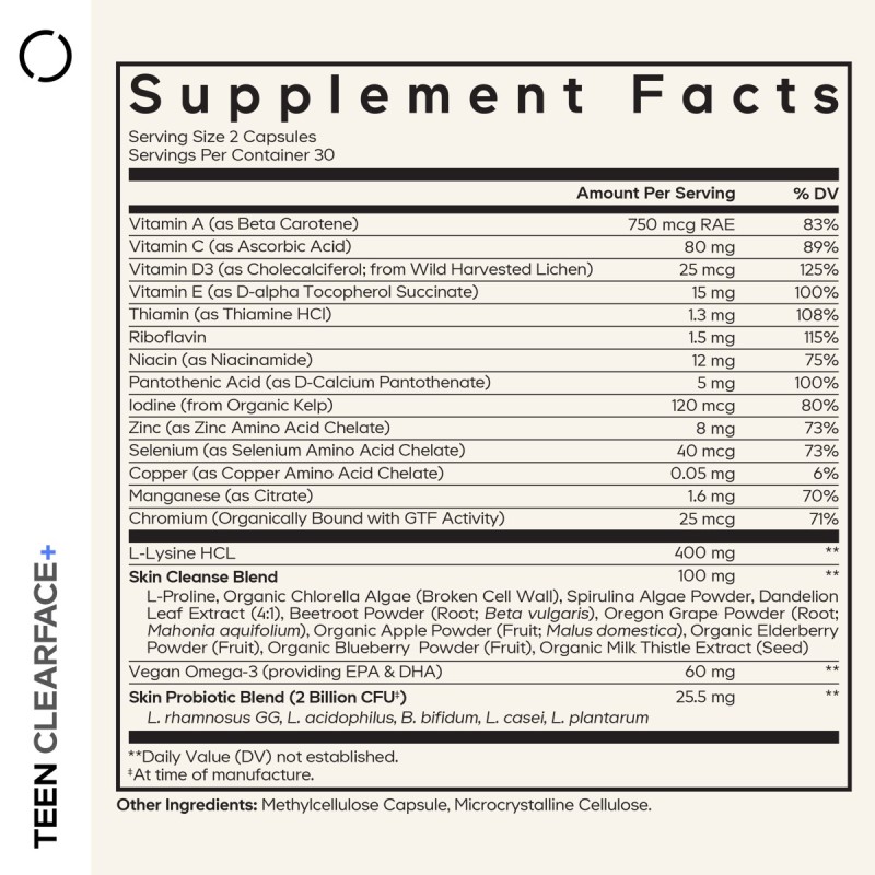 Codeage Teen Clearface Daily Multivitamin & Minerals, Complex De Multivitamine Pentru Adolescenti Pentru Ten Sanatos, 60 Cps