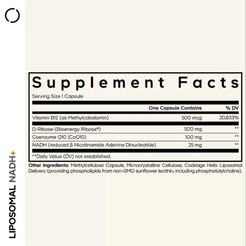 Codeage  Liposomal Nadh+, Coq10, B12 Si D-riboza, Suport Avansat Pentru Energie Celulara, 60 Cps