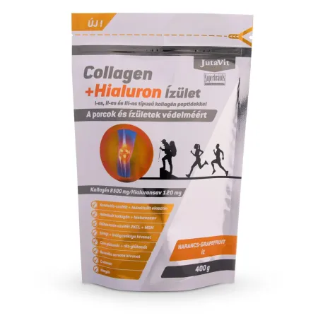 Colagen+ Hialuron Articulatii cu Peptide de Colagen Tip I, II și III cu Gust de Portocale-Grapefruit (400 g), JutaVit