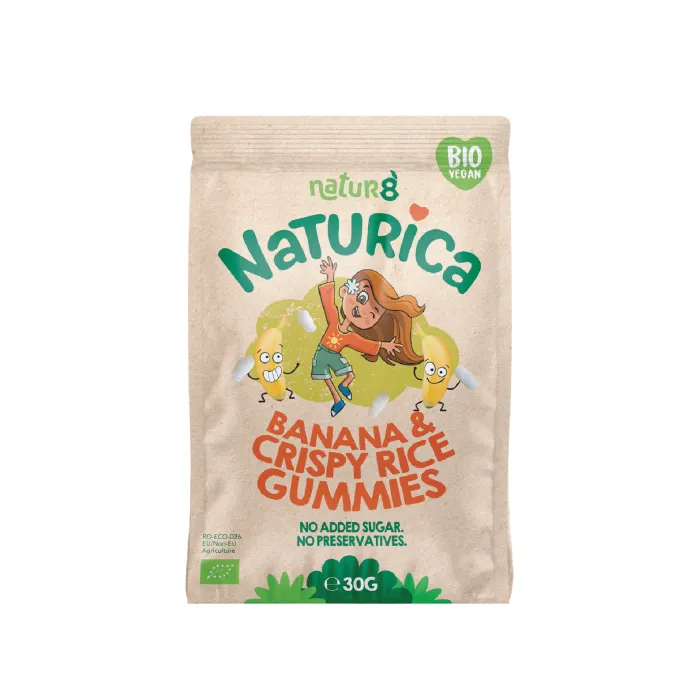 Naturica- Jeleuri din fructe cu banane si orez crocant, bio, vegan, fara alergeni, 30 g